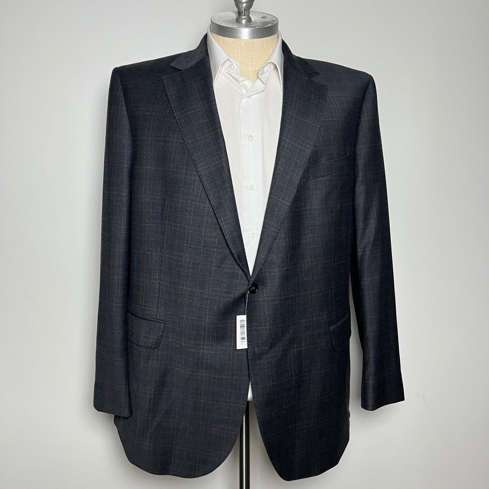 Moss Blazer Mens 54L Charcoal Brown Plaid Tailored Fit Wool Blend